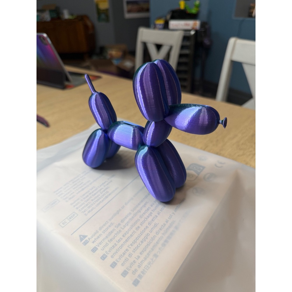 3D Printed Balloon Dog Figurine Purple Green Iridescent Silk PLA Pop Art Decor